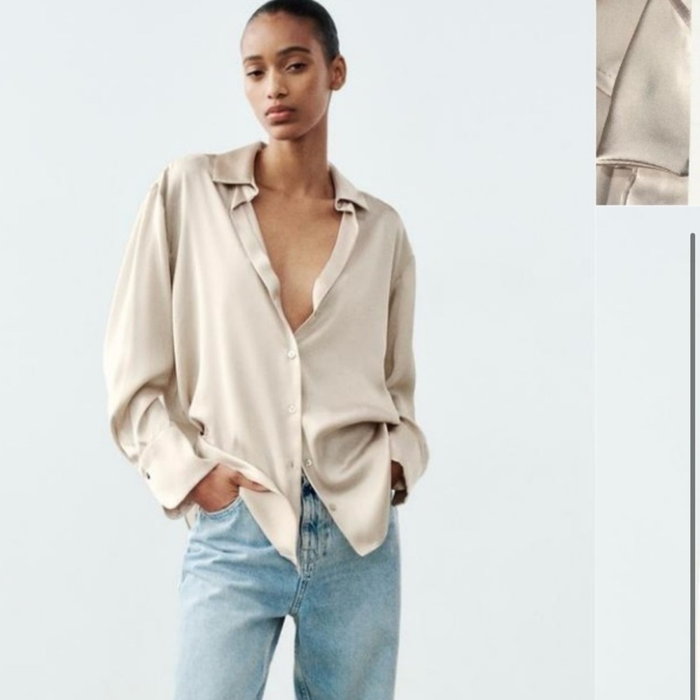 Zara Beige Satin Button-Down Blouse